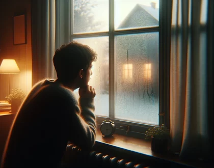 A man looking out of a window with condensation