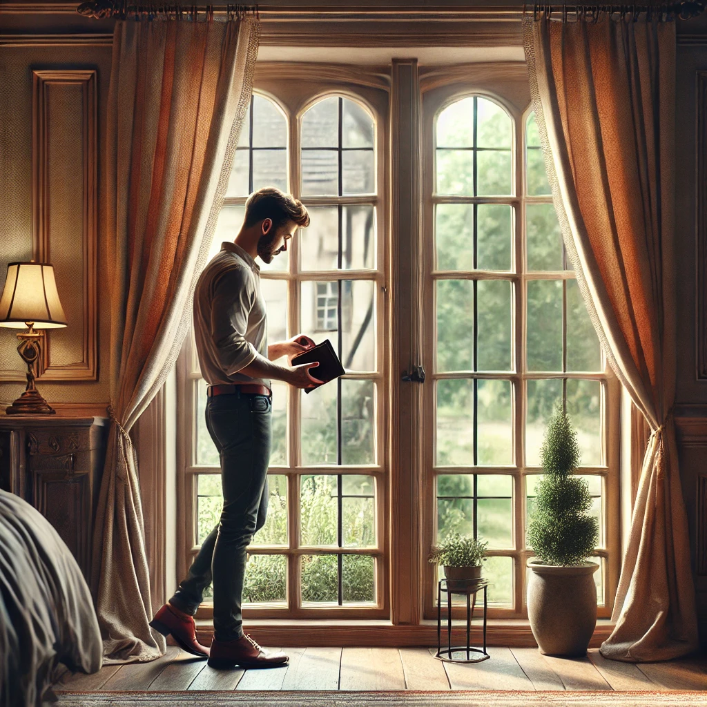 A man reading a book by some windows