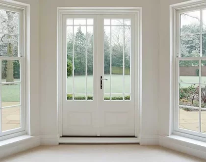 A white room with two French doors and a window.